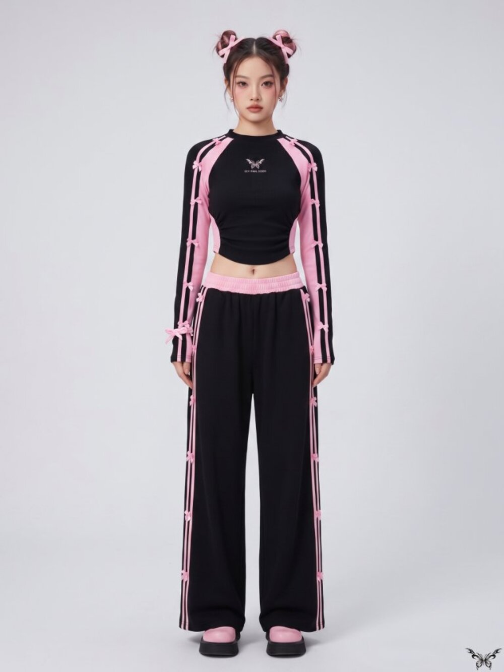 AELFRIC EDEN Pink Bow Butterfly Ribbed Crop Top Wide Leg Tracksuit Set L/M